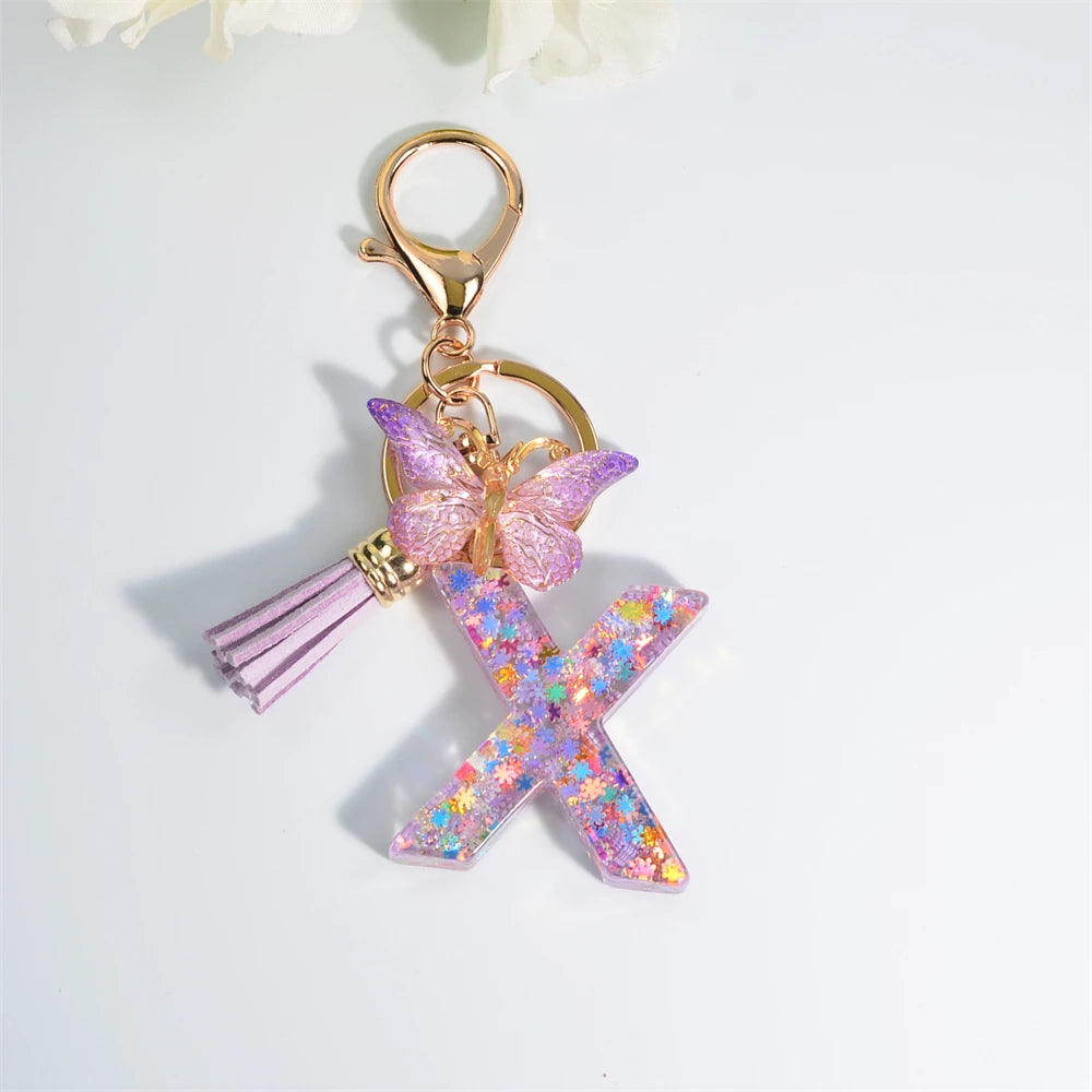 A-Z Sequin Initial Keychain - Dreamy Butterfly Tassel Pendant Bag & Purse Charm for Women