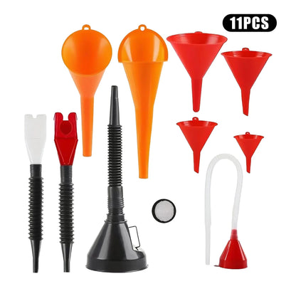 Automotive Plastic Funnel Set – Wide Mouth Flexible Multi-Use Funnels for Fuel, Oil, Water Coolant & Engine Maintenance, Right Angle Design Garage Tool
