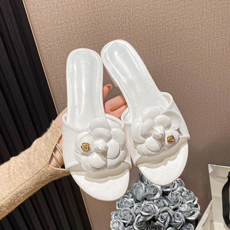Luxury Women’s Flower Slippers — Camellia Open-Toe Slides for Home & Outdoor, Ladies Flip Flop Sandals