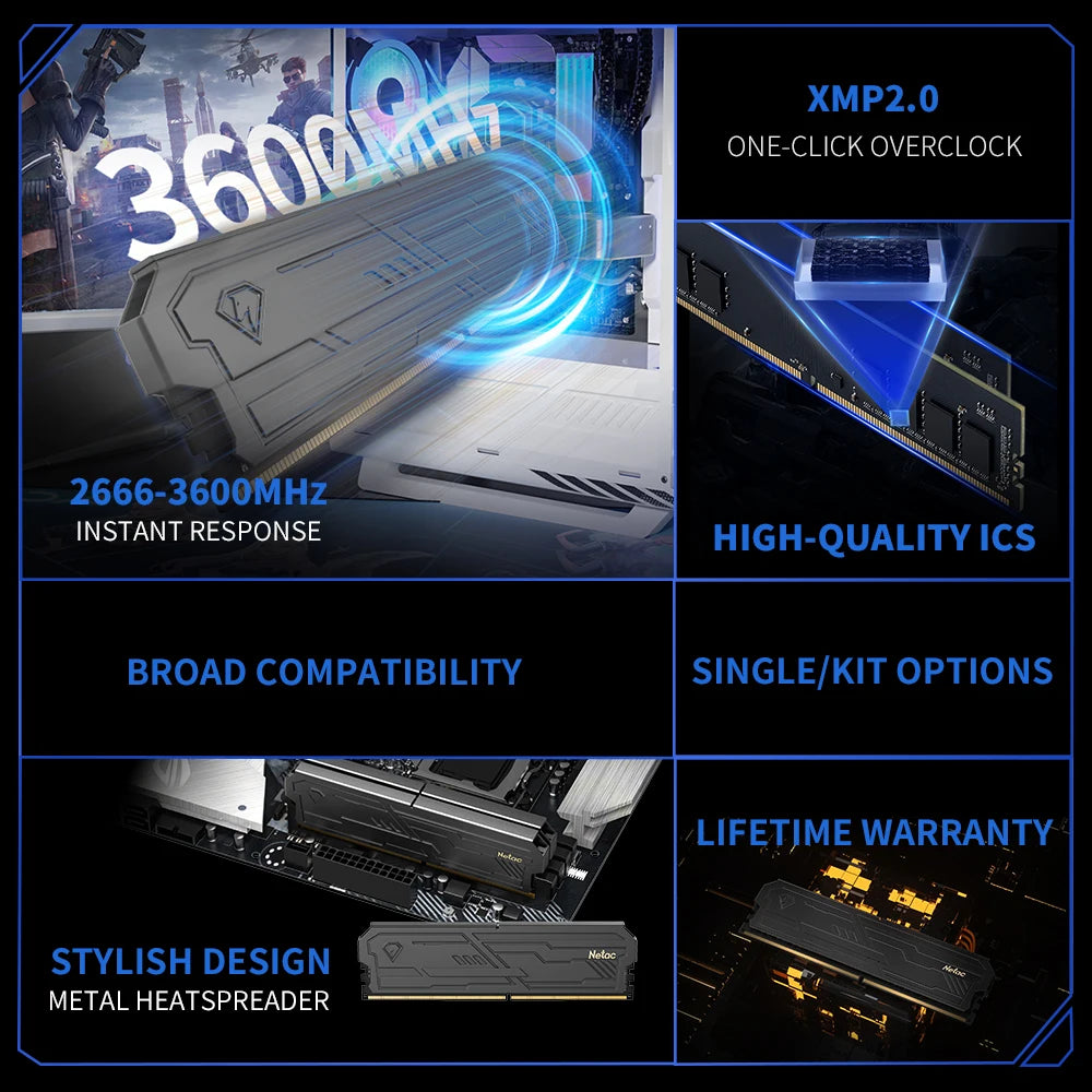 Netac DDR4 Desktop RAM - 3200/3600MHz UDIMM Memory with Aluminum Heatsink & XMP 2.0