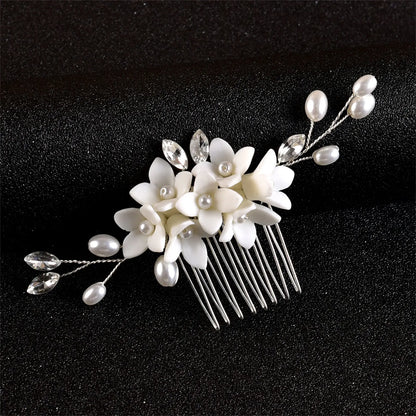 Mini White Ceramic Flower Hair Combs – Simple Pearl Side Clips, Elegant Wedding Hairpins, Bride Headdress for Women