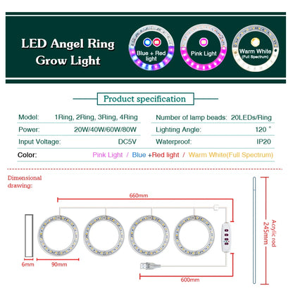 LED Full Spectrum Grow Light — USB 5V Adjustable Height Dimmable Lamp with Timer for Indoor Plants & Herbs