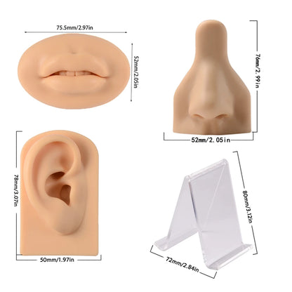 Soft Silicone Ear Nose Mouth Practice Model – Tattoo & Piercing Jewelry Display Stand with Acrylic Earring Holder Kit for Training & Showcase
