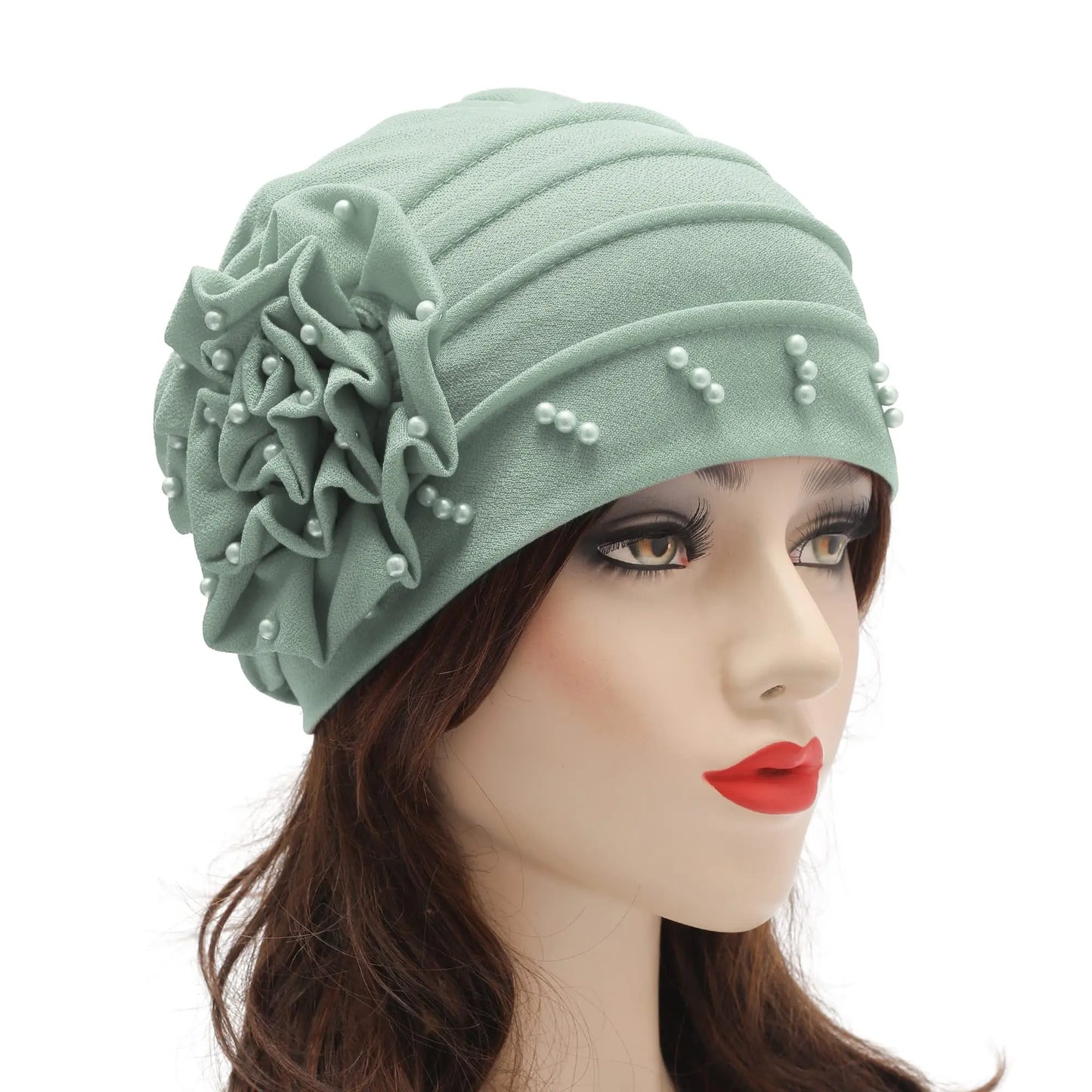 2024 Pearl Embellished Muslim Turban Beanie for Women – Elastic Hijab Headwrap with Flower Chemo Cap