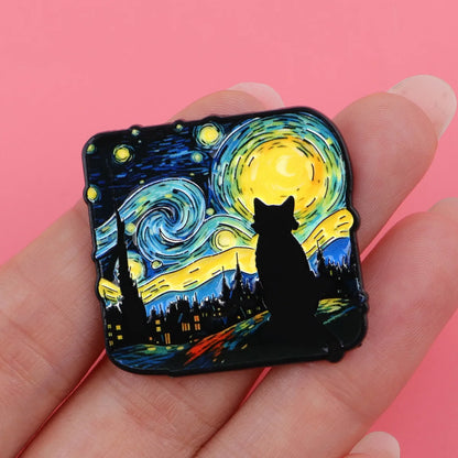 Starry Night Cat Brooch - Van Gogh-Inspired Enamel Pin Badge and Artistic Fashion Jewelry Gift