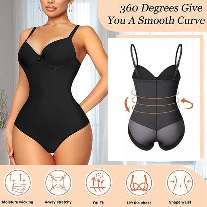 Women’s Slimming Shapewear Bodysuit - V Neck Waist Trainer Jumpsuit with Underwire Bra & Tummy Control Support