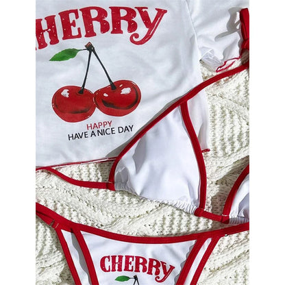 Women’s Cherry Print Three-Piece Bikini Set — Short Sleeve Swimsuit XS-L