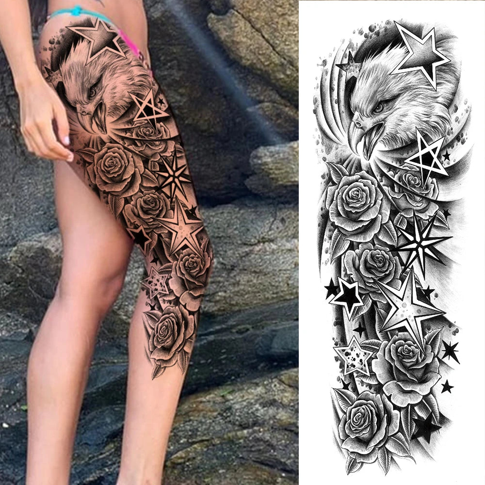 Full Arm Temporary Tattoo Sleeve - Realistic Warrior Lion Tiger Flower & Maori Design Fake Tattoos