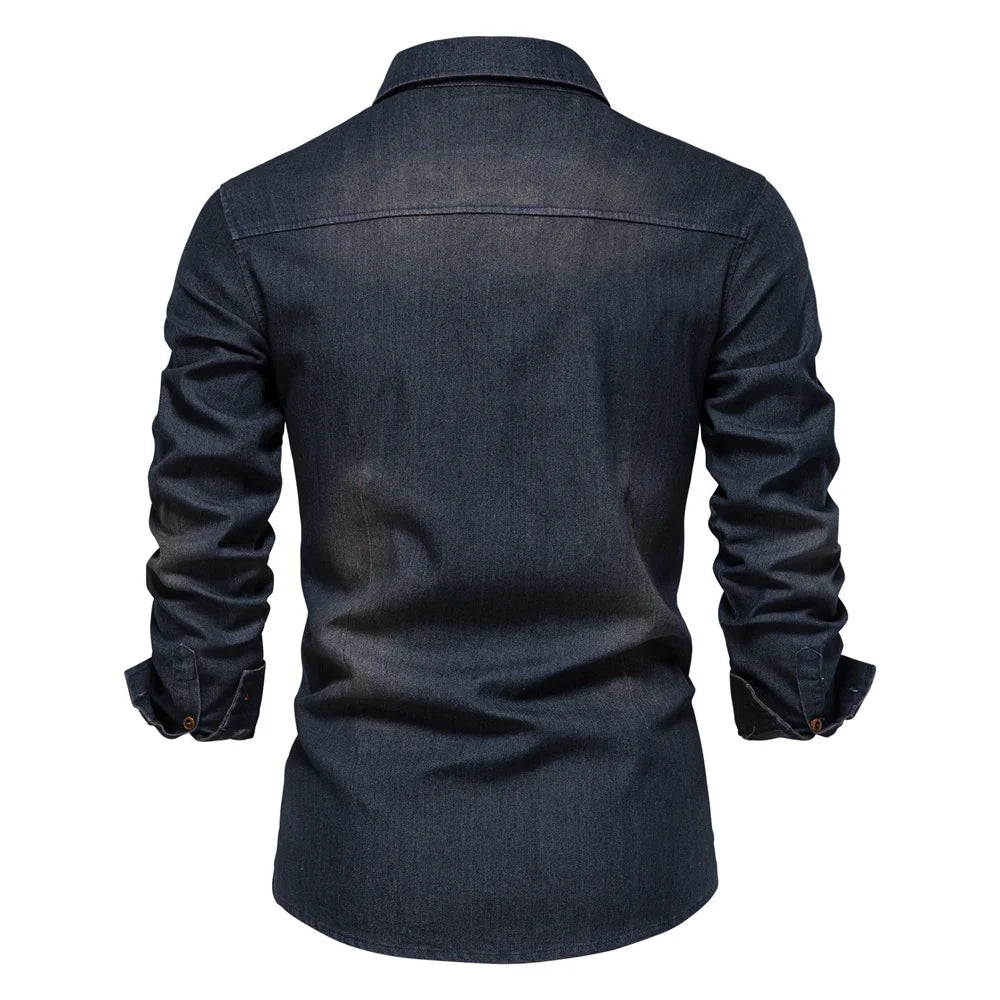 AIOPESON Men's Cotton Denim Shirt - Long Sleeve Slim Fit Casual Cowboy Style Shirt