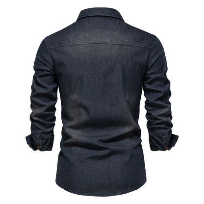 AIOPESON Men's Cotton Denim Shirt - Long Sleeve Slim Fit Casual Cowboy Style Shirt