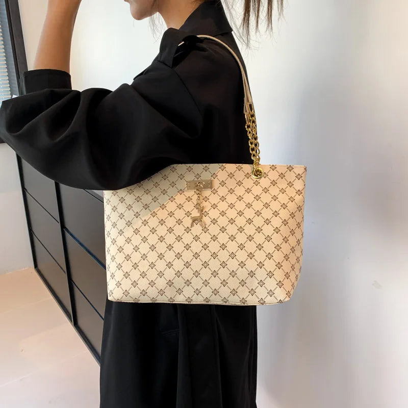 Women’s Soft Leather Tote Bag - Large Capacity Shoulder Handbag with Hanging Accessories