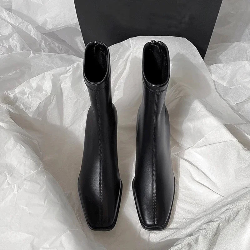 2024 New Vintage Brown Women's Ankle Boots – Fashionable Square Toe, Thick Heel Short Booties for Autumn & Winter