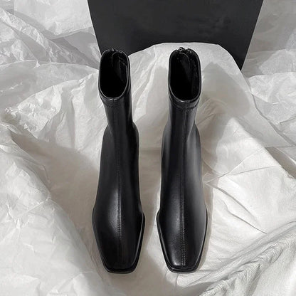 2024 New Vintage Brown Women's Ankle Boots – Fashionable Square Toe, Thick Heel Short Booties for Autumn & Winter