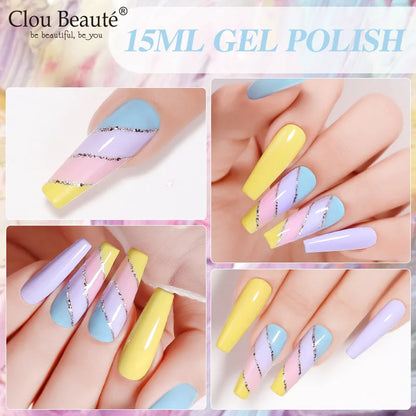 Clou Beaute 15ml Gel Nail Polish Set – Red Black White Green Neon UV Soak-Off Semi-Permanent Nail Varnish Base & Velvet Top Coat