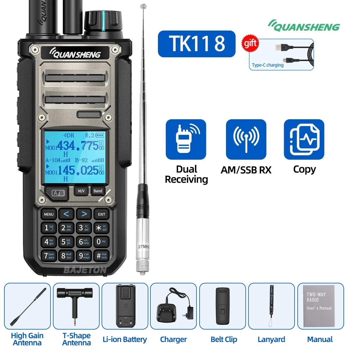 Quansheng TK11-8 10W Walkie Talkie - Dual-Receive CB Radio with 27MHz, CW/LSB, LW/MW/SW, NOAA, and USB-C Charging for UV-K5-8 and TK-11-5