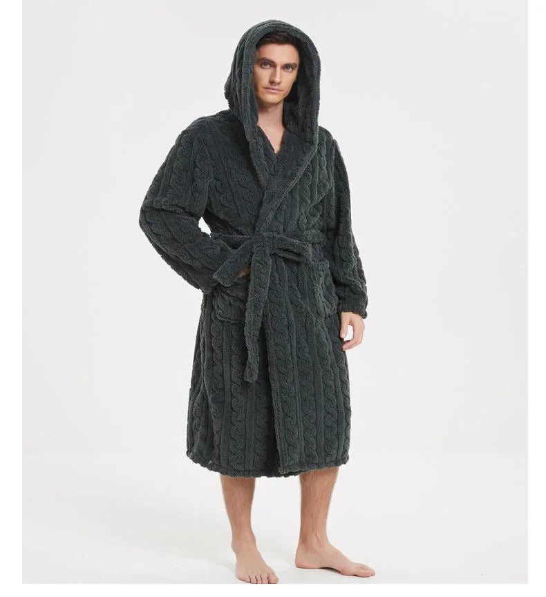 Men’s Fall & Winter Warm Hooded Robe – Thickened Cotton Velvet Jacquard Homewear for Couples
