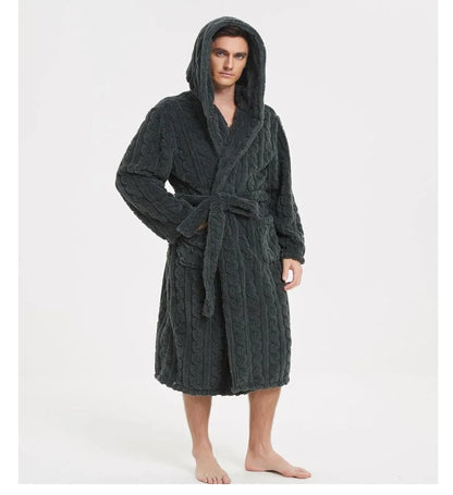Men’s Fall & Winter Warm Hooded Robe – Thickened Cotton Velvet Jacquard Homewear for Couples