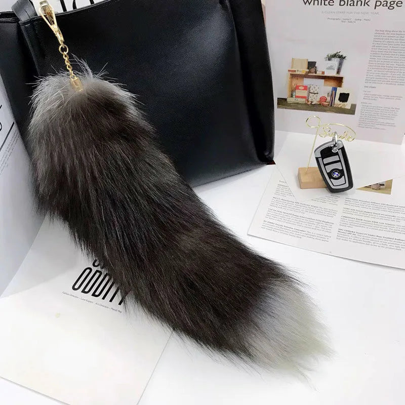 Natural Fox Fur Tail Keychain – 40cm Furry Racoon Bag Charm & Fluffy Keyring Accessory for Women