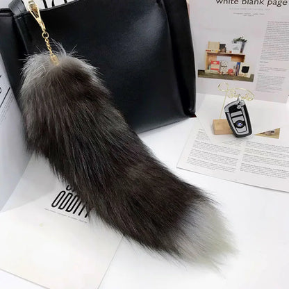Natural Fox Fur Tail Keychain – 40cm Furry Racoon Bag Charm & Fluffy Keyring Accessory for Women
