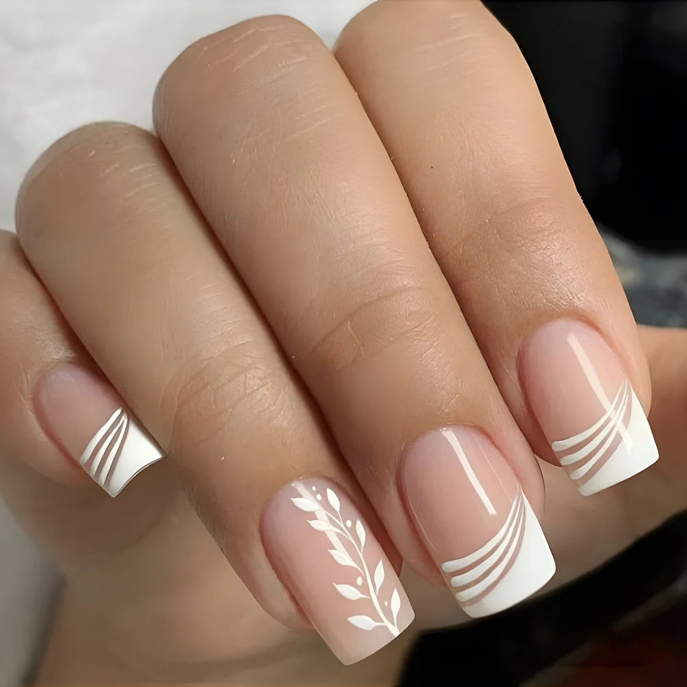 24Pcs Square Press On Nails - Nude White Gradient French False Nail Tips with Full Cover Short Design