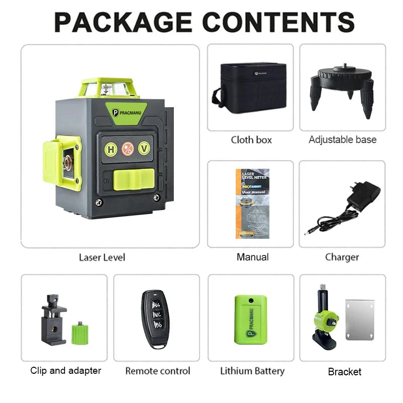 Pracmanu Mini 12-Line 3D Laser Level – 360° Self-Leveling Horizontal & Vertical Green Beam Laser