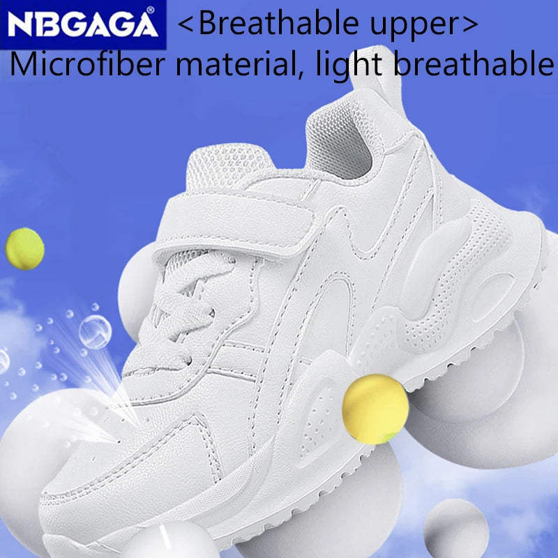 White Kids Leather Casual Shoes — Boys & Girls Outdoor Running Sneakers, Breathable Mesh, Non-Slip School Walking Sport Shoes