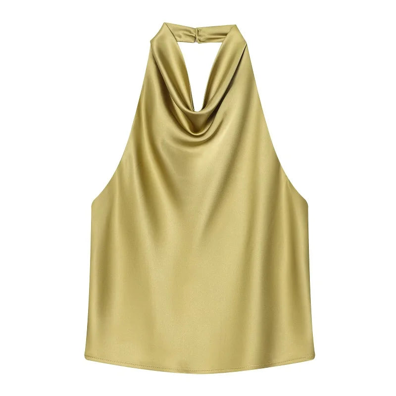 Women's Satin Halter Backless Camisole Top – Off Shoulder Summer Beach Tank Blouse