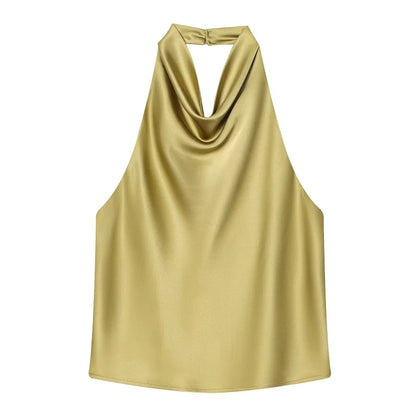 Women's Satin Halter Backless Camisole Top – Off Shoulder Summer Beach Tank Blouse