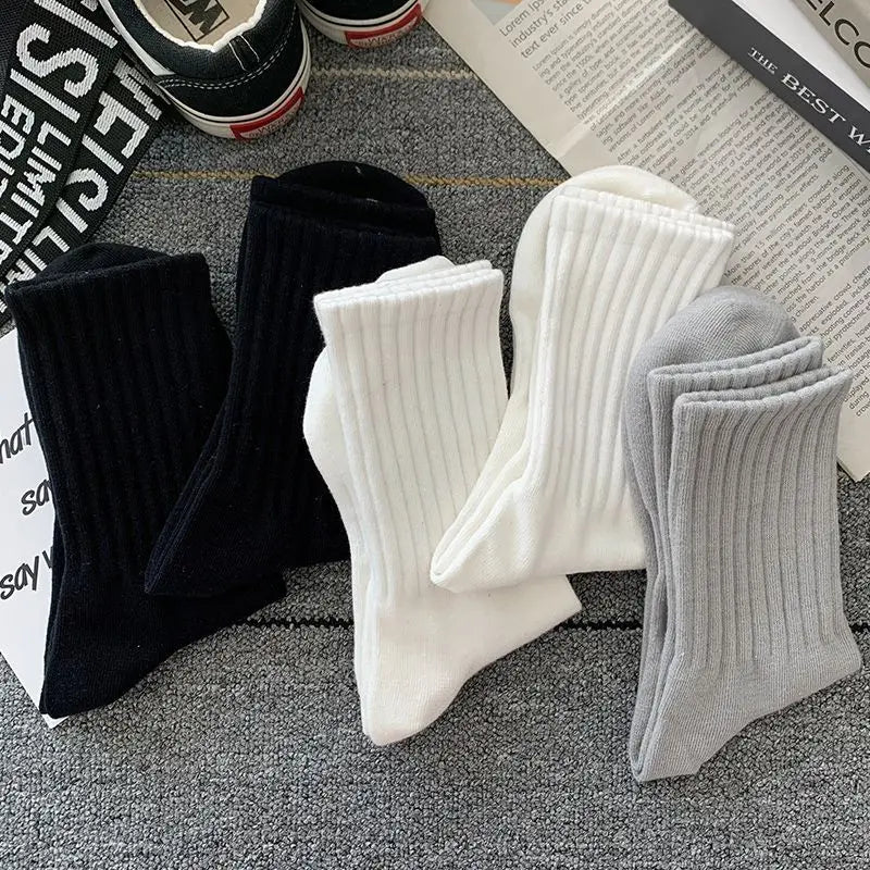 5 Pairs Cool Men's Socks Set – Black & White, Warm Autumn/Winter Sport Short Socks, Solid Color for Men