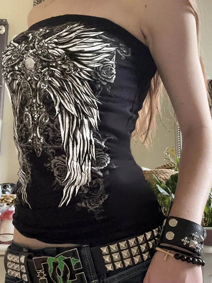 Women’s Gothic Strapless Tube Top - Black Cropped Graphic Vest for Summer Y2K Streetwear & Casual Outfits