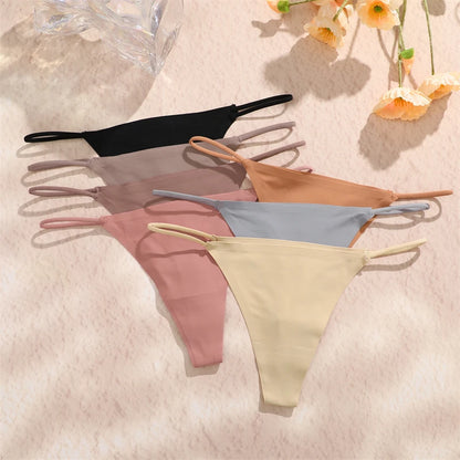 5PCS Seamless Ice Silk Thongs for Women – Low Waist Sexy Bikini T-Back, Solid Color Traceless G-String Panties, XS-XL