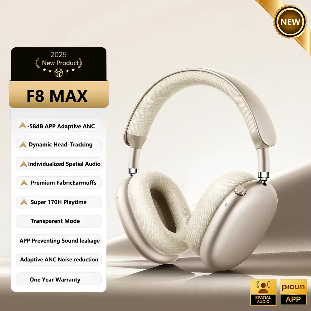 Picun F8 Pro ANC Wireless Headphones - 3D Spatial Audio Bluetooth Headset with HD Mic & Low Latency App Support