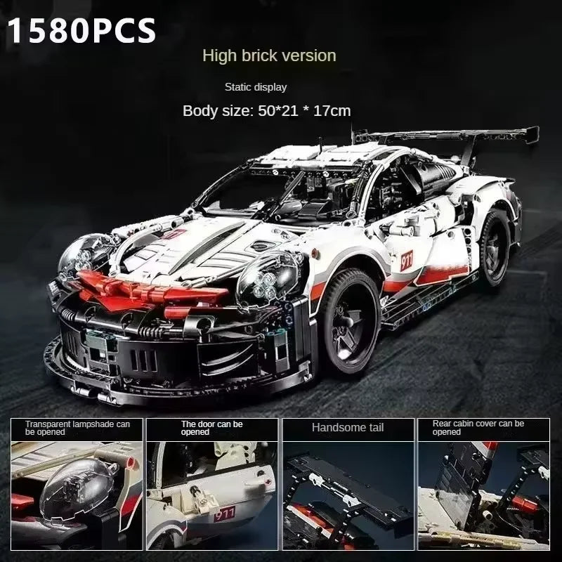 1580-Piece RC 911 RSR Racing Car Building Blocks Kit — LED Lights, Motorized Sport Car MOC 42096