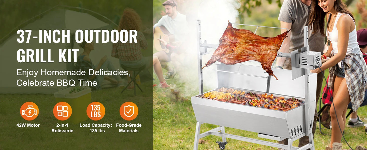SucceBuy 35-Inch Rotisserie Grill – Electric Motor Charcoal Spit Stainless Steel Roaster with Lockable Wheels for Camping