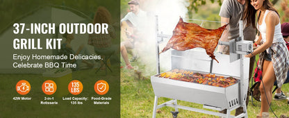 SucceBuy 35-Inch Rotisserie Grill – Electric Motor Charcoal Spit Stainless Steel Roaster with Lockable Wheels for Camping