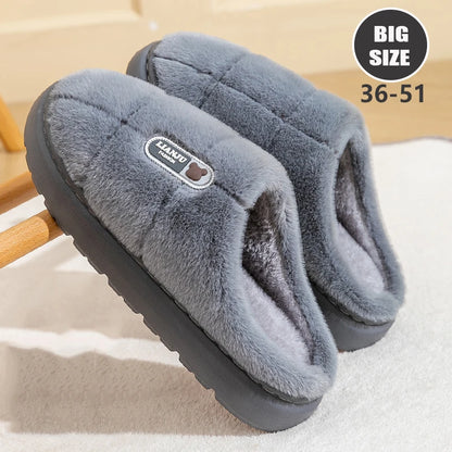 Large Size 50-51 Winter Slippers — Thick Sole Indoor Cotton Slippers for Men & Women, Warm Non-Slip Platform Shoes