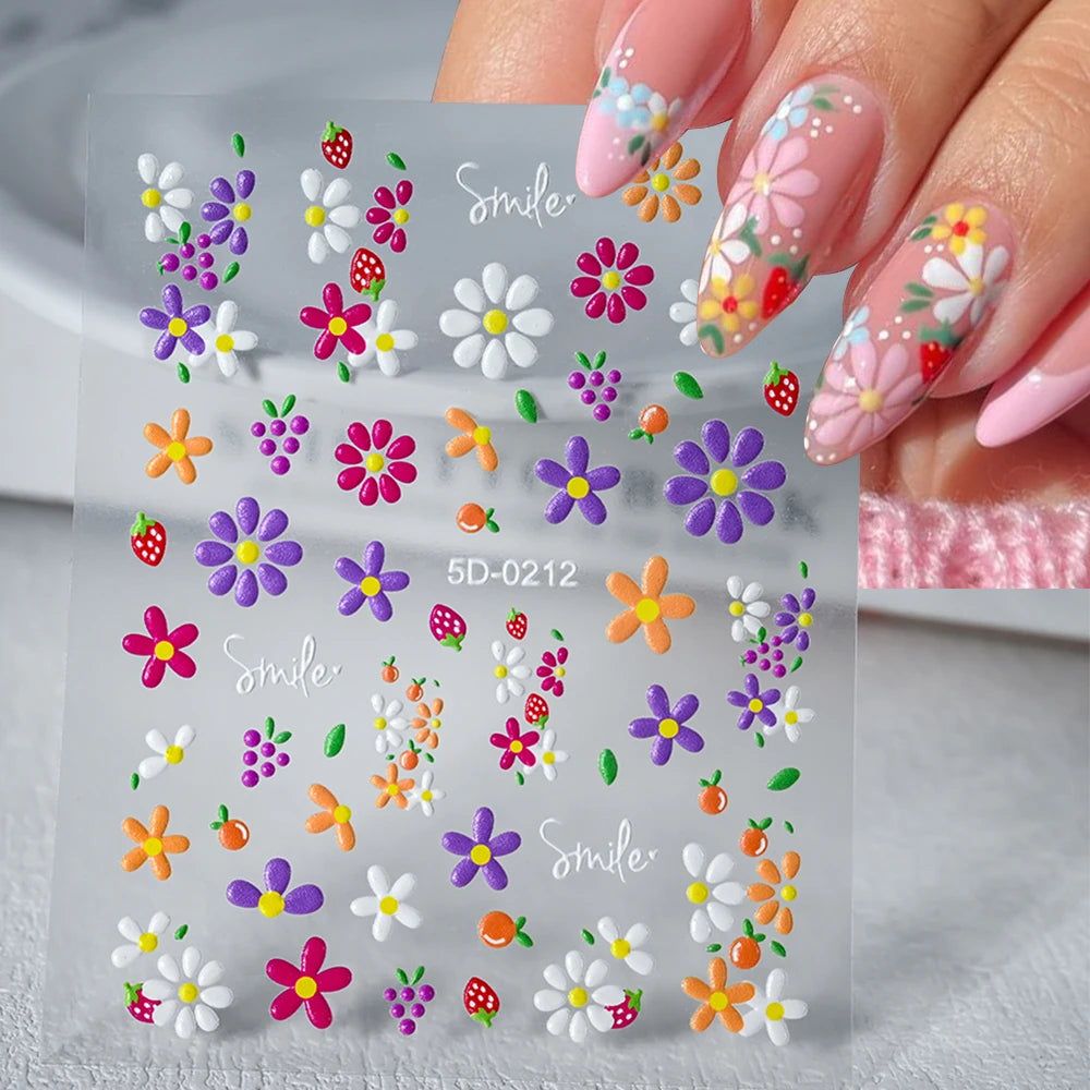 5D Macaron Nail Stickers - Embossed Flower, Fruit, Bear & Rabbit Charms for Summer DIY Manicure Decoration