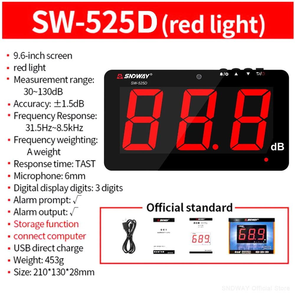 SNDWAY SW-525 Sound Level Meter — Wall-Mounted Digital Noise & Decibel Detector 30-130dB Professional dB Meter
