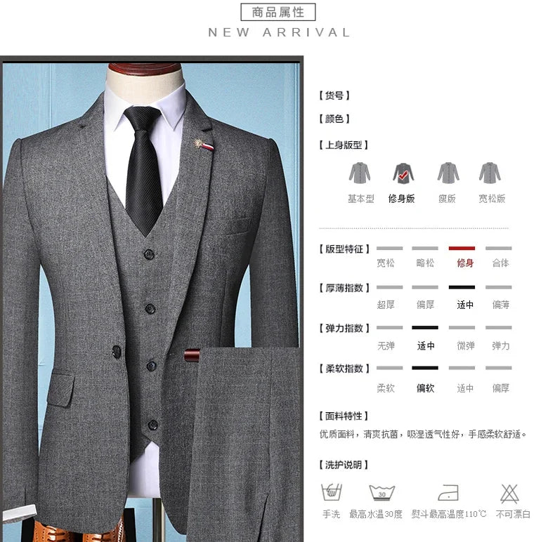Traje de Hombre Elegante – 3-Piece Slim Fit Suit (Blazer + Vest + Pants) | Men’s Business & Wedding Suit 6XL