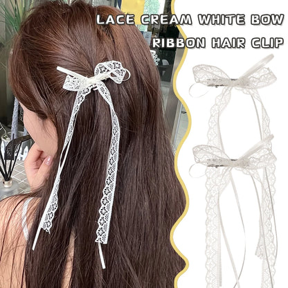 Korean Lace Cream White Bow Ribbon Hair Clip – Bullet Style Side Shredded Hairpin, Headpiece for Women, New Headwear