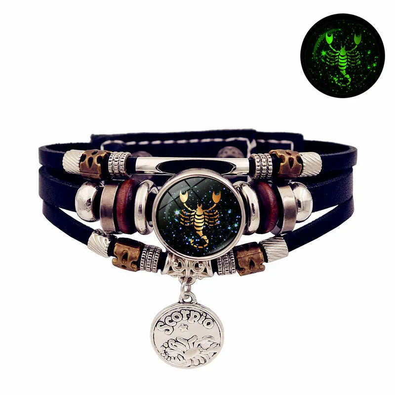 Luminous 12 Constellation Vintage Bracelet - Braided Punk Leather Glow-in-the-Dark for Men & Women, Birthday Gift