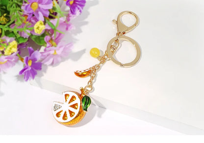EASYA Vintage Imitation Fruit Charm Keychain – Lemon, Persimmon & Strawberry Glass Pendant, Luxury Jewelry for Women