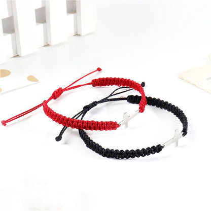 Adjustable Stainless Steel Cross Bracelet with Handwoven Colored Cord – Unisex Couple Friendship Jewelry