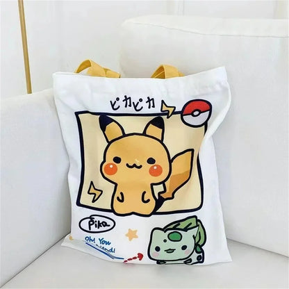 Anime Pokémon Canvas Shoulder Bag – Pikachu, Psyduck, Squirtle Casual Handbag for Women, Reusable Large Shopping Tote
