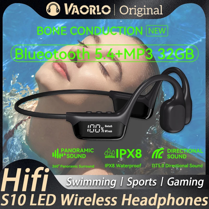 New Bluetooth 5.4 Bone Conduction Wireless Headphones - IPX8 Waterproof 32GB MP3 Player for Swimming, Sports, and HIFI Music with LED Display