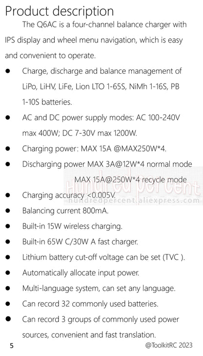 ToolkitRC Q6AC Charger — AC 400W/DC 1000W 4CH with USB A/Type-C, LiPo 1-6S, NiMH 1-16S, PB 1-10S, IPS Display