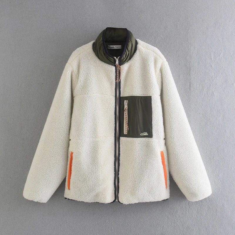 Unisex Stand Collar Fleece Jacket - Loose American Casual Patchwork Outerwear