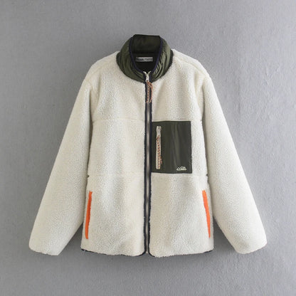 Unisex Stand Collar Fleece Jacket - Loose American Casual Patchwork Outerwear