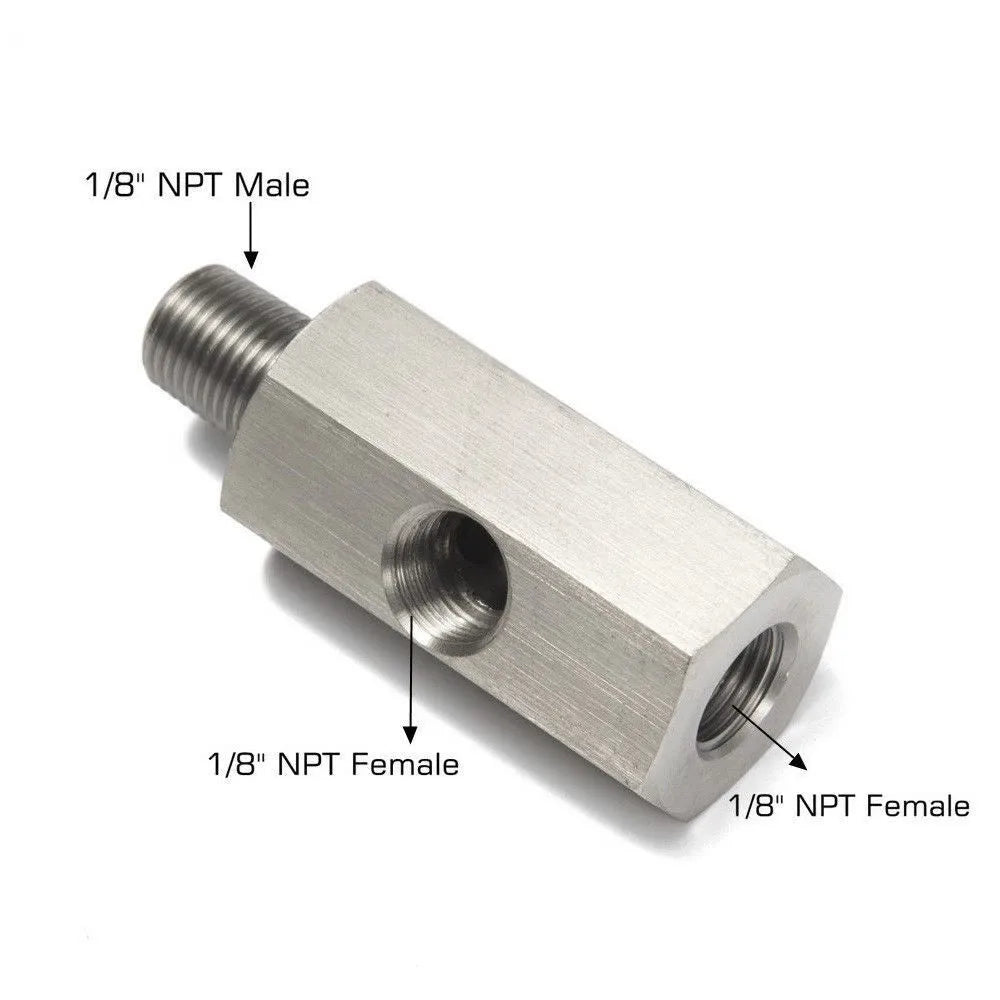 Stainless Steel Oil Pressure Sensor Connector — Side Hole Tee Adapter for 1/8"NPT, 1/4"NPT, M10, M12, M14 Feed Line Gauge