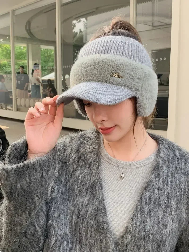 Winter Hats for Women 2023 – Fashionable Knitted Earflap Baseball Cap, Windproof Ponytail Visor for Outdoor Sports